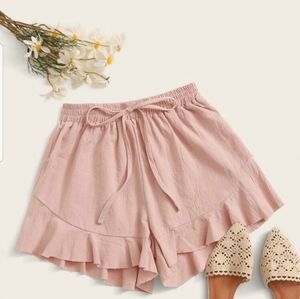 Solid Drawstring Waist Ruffle Hem Shorts